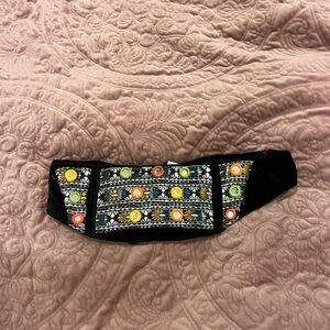 Embroidered Black Waist Bag with Colorful Mirror Accents
